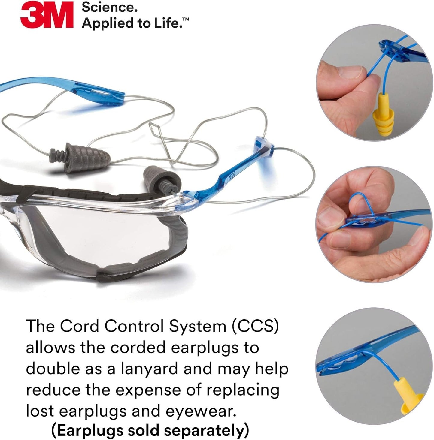 3M Safety Glasses, Virtua CCS Protective Eyewear 11872, Removable Foam Gasket, Clear Anti-Fog Lenses, Corded Ear Plug Control System