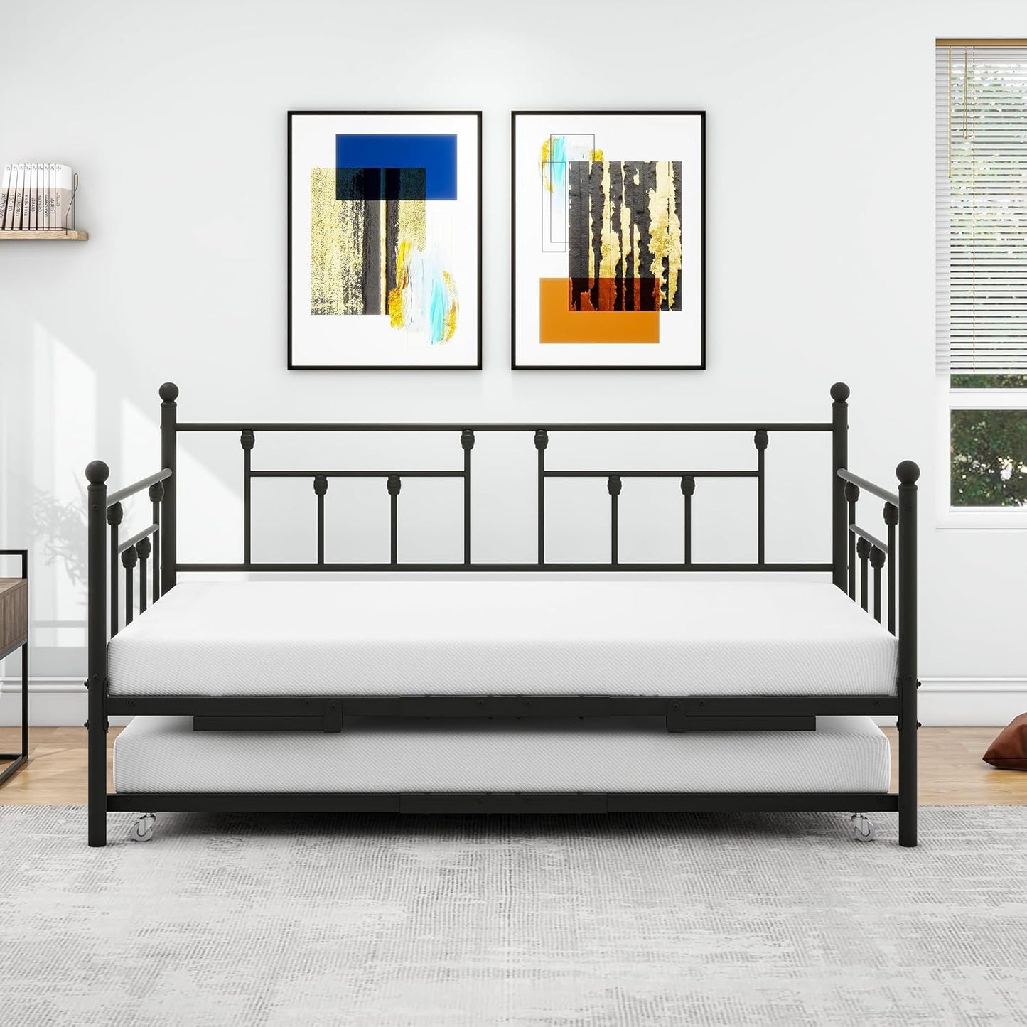 VERFARM Twin Size Metal Daybed Frame with Trundle, Premium Steel Slat Support, Multifunctional Mattress Foundation, Heavy-Duty Twin Day Bed Sofa with Headboard for Living Room Guest Room Bedroom