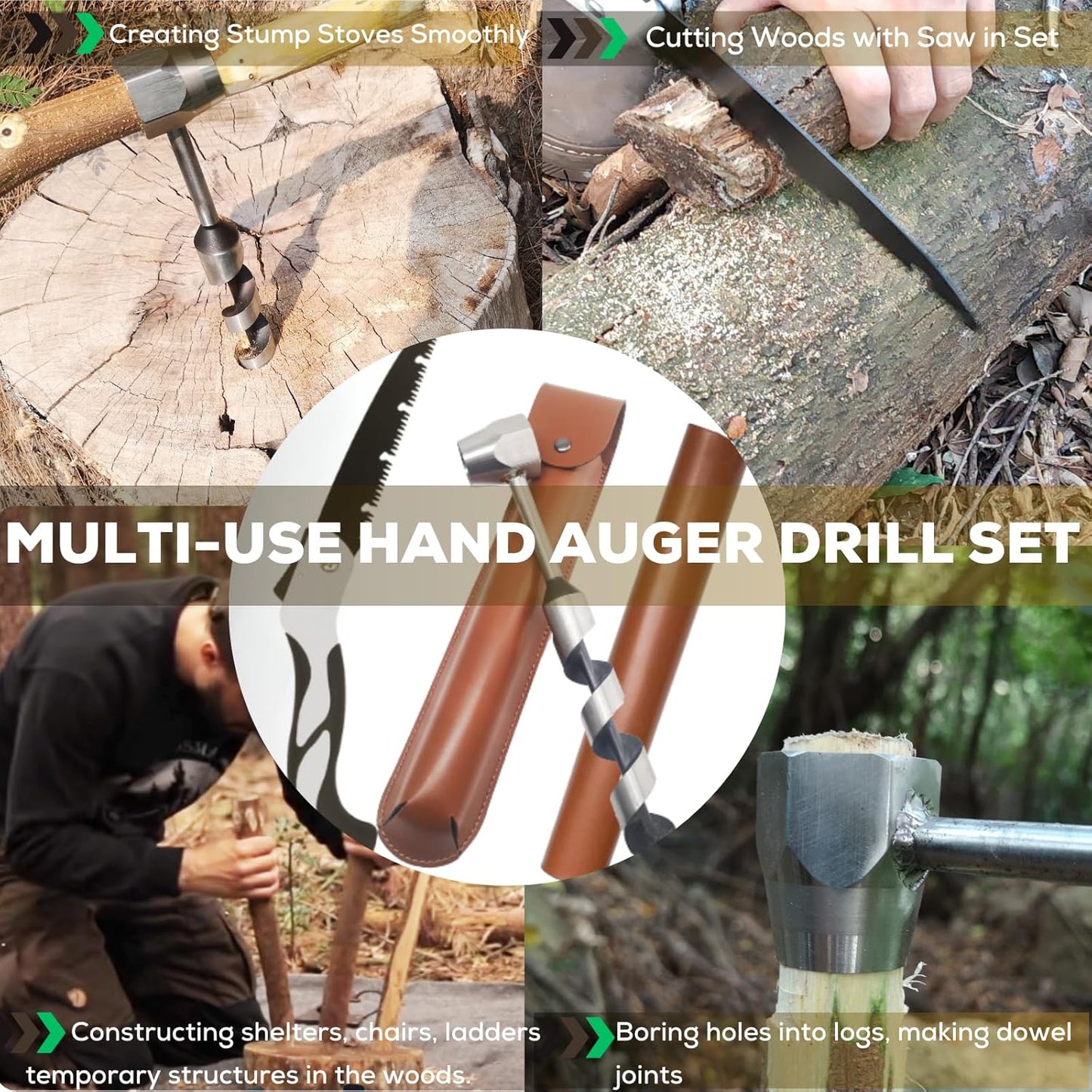 MinliGUY Hand Auger Wood Drill, Upgrade Welds Bushcraft Auger w/ Sharp Scottish Eye, Survival Tools for Bushcraft Projects/ Camping/Outdoors, 1*10inch Settlers Wrench & Folding Saw Kit, Bushcraft Gear