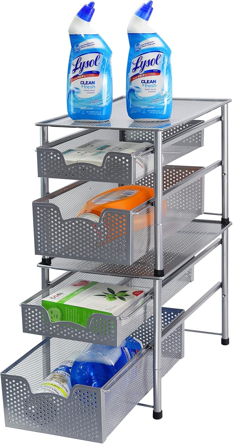 SimpleHouseware Stackable 2 Tier Sliding Basket Organizer Drawer, Silver