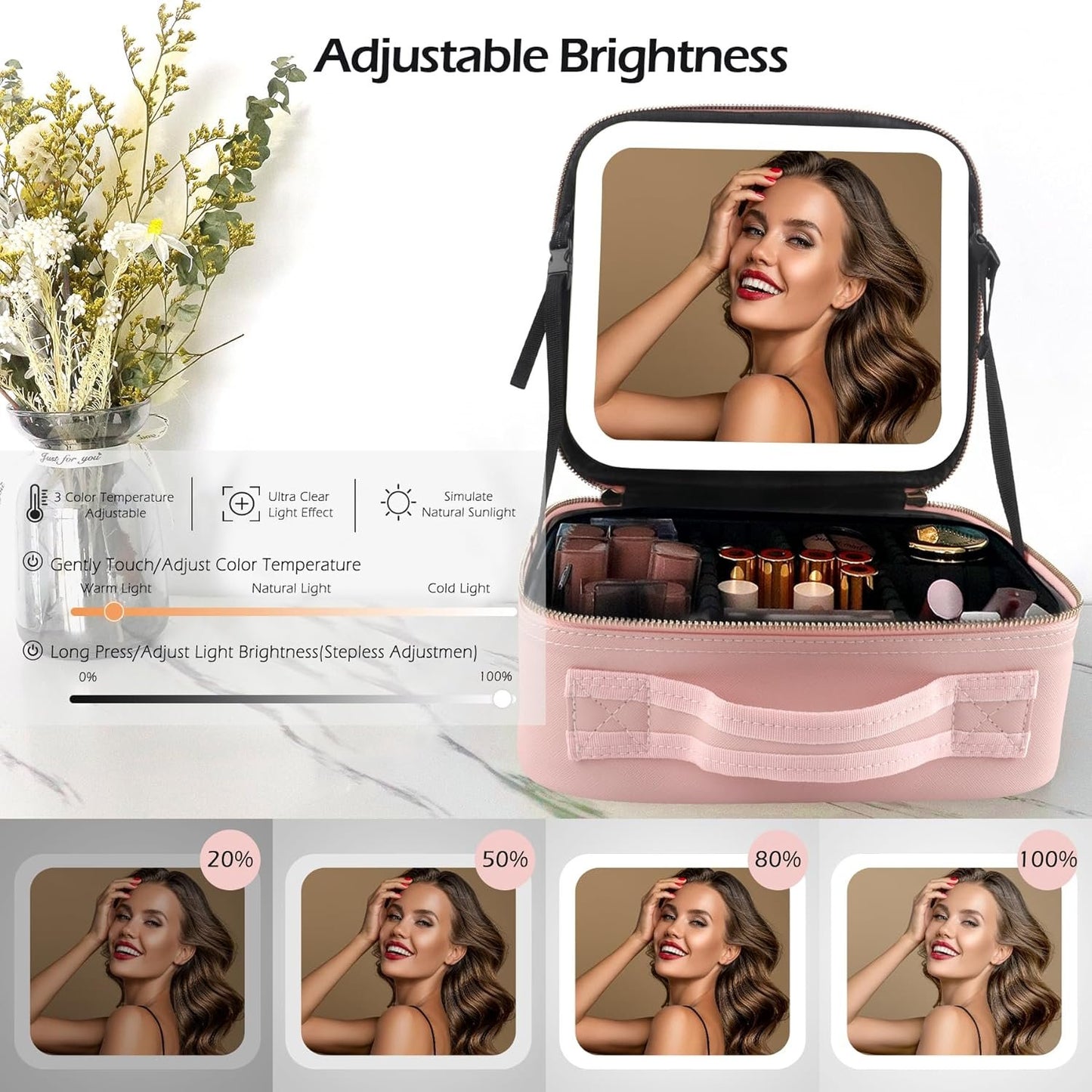 MOMIRA Travel Makeup Case with Large Lighted Mirror Partitionable Cosmetic Bag Professional Cosmetic Artist Organizer, Waterproof Portable, Accessories Case, Tools Case Pink