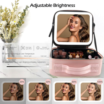 MOMIRA Travel Makeup Case with Large Lighted Mirror Partitionable Cosmetic Bag Professional Cosmetic Artist Organizer, Waterproof Portable, Accessories Case, Tools Case Pink