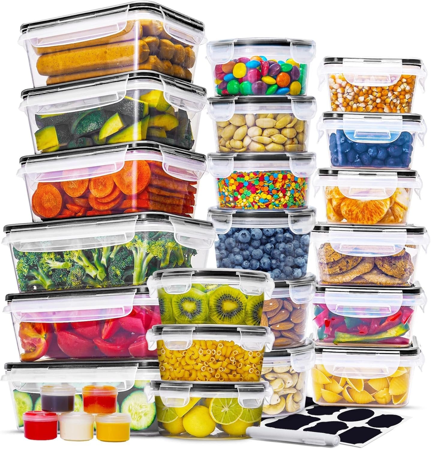 RFAQK 52 Pcs Food Containers with Lids-(26 Clear Plastic Food Storage Containers with 26 Lids) BPA-Free 100% Airtight Kitchen and Pantry Organization, Microwave,Safe with Labels & Marker