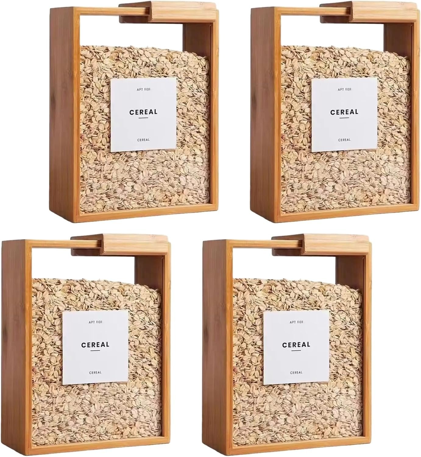 4Pcs Bamboo Kitchen Cereal Containers, 9x7x3 Inch Wood Food Dispenser with Removable Lids, Clear Kicthen Storage Can for Snack, Rice, Flour, Pasta