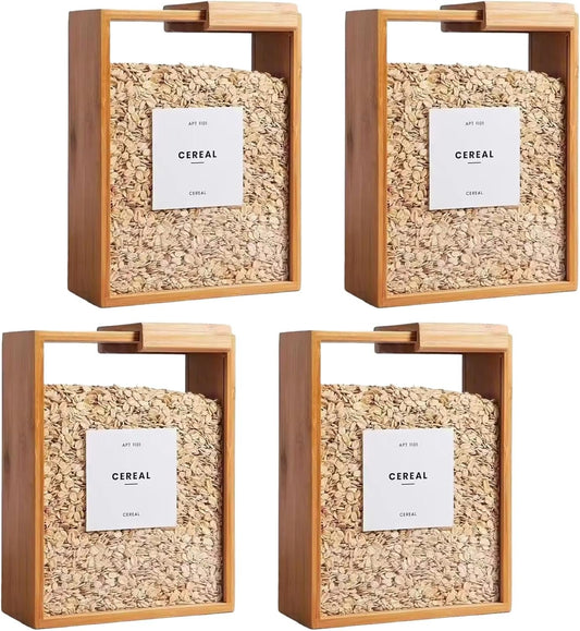 4Pcs Bamboo Kitchen Cereal Containers, 9x7x3 Inch Wood Food Dispenser with Removable Lids, Clear Kicthen Storage Can for Snack, Rice, Flour, Pasta