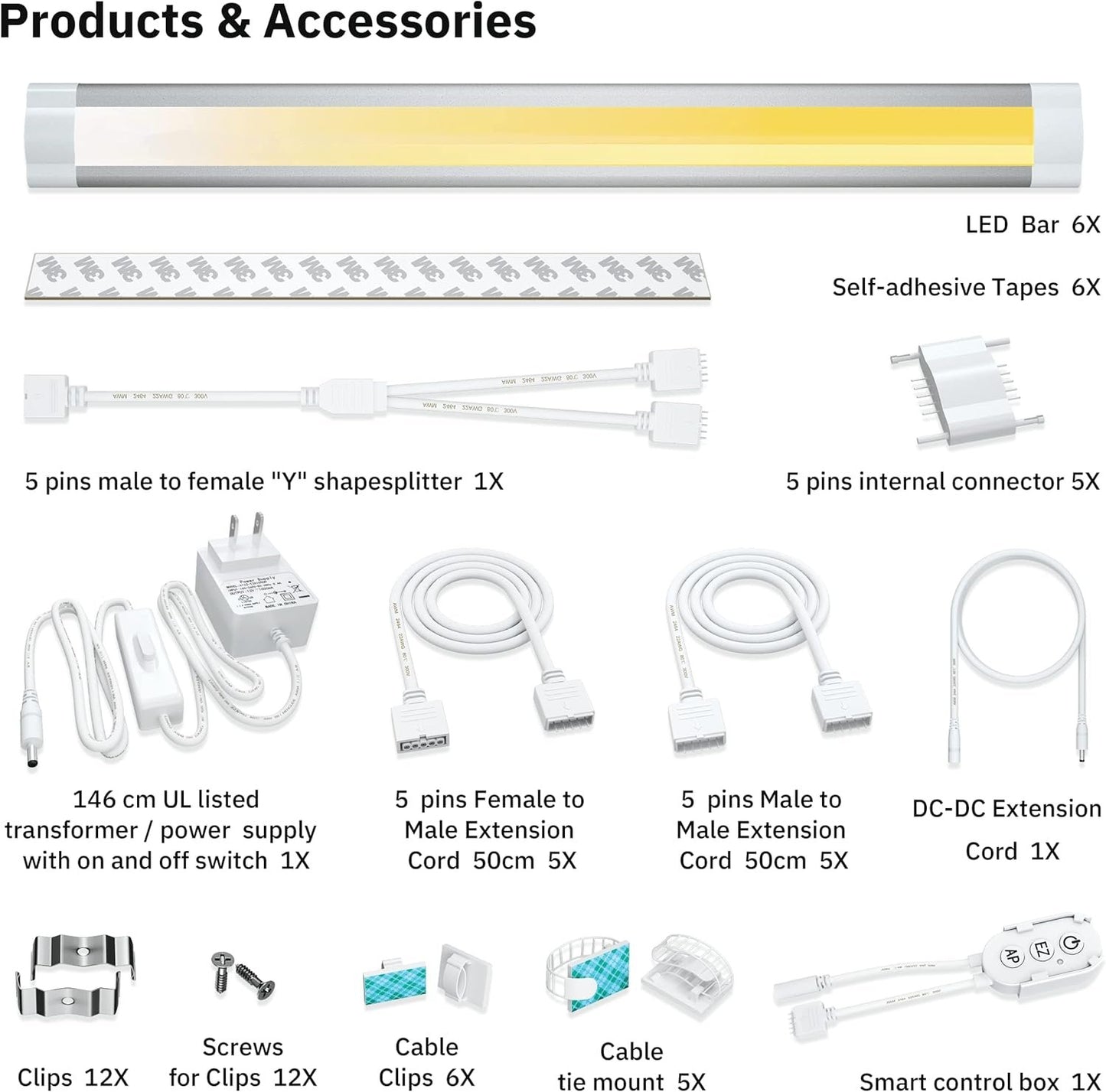 Under Cabinet Lighting Plug in Work with Smart App,Alexa & Google,LED Cabinet Strip Lights Linkable with Timer,2700-6500k Temp,Under Counter Light Fixtures for Kitchen,Book Shelf,Display Case,6pcs
