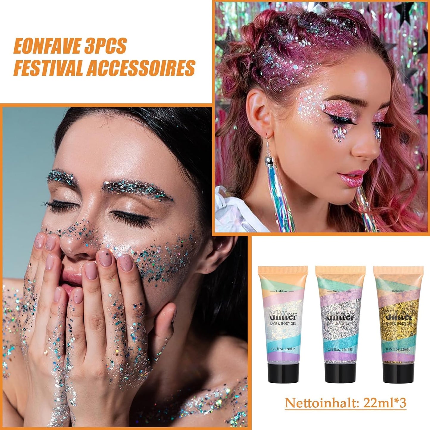 3 Pieces Body Glitter Gel Chunky Body Lotion Glitter Liquid Eyeshadow Mermaid Sparkly Sequins for Face Hair Lips Nails Make Up Festival Accessories Glitter Gold Silver White