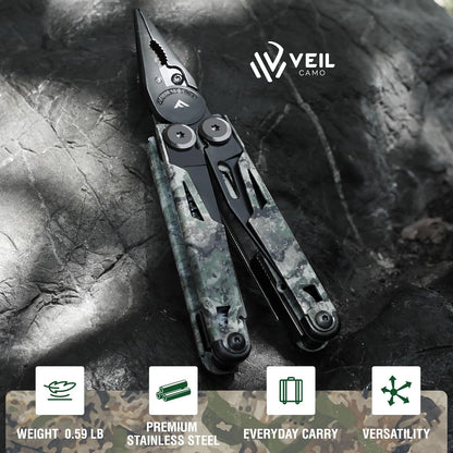 FLISSA 15-in-1 Multitool Pocket Knife with Sheath, Durable Stainless Steel Multi Tool Pliers for Men, Camo All-in-One Tool