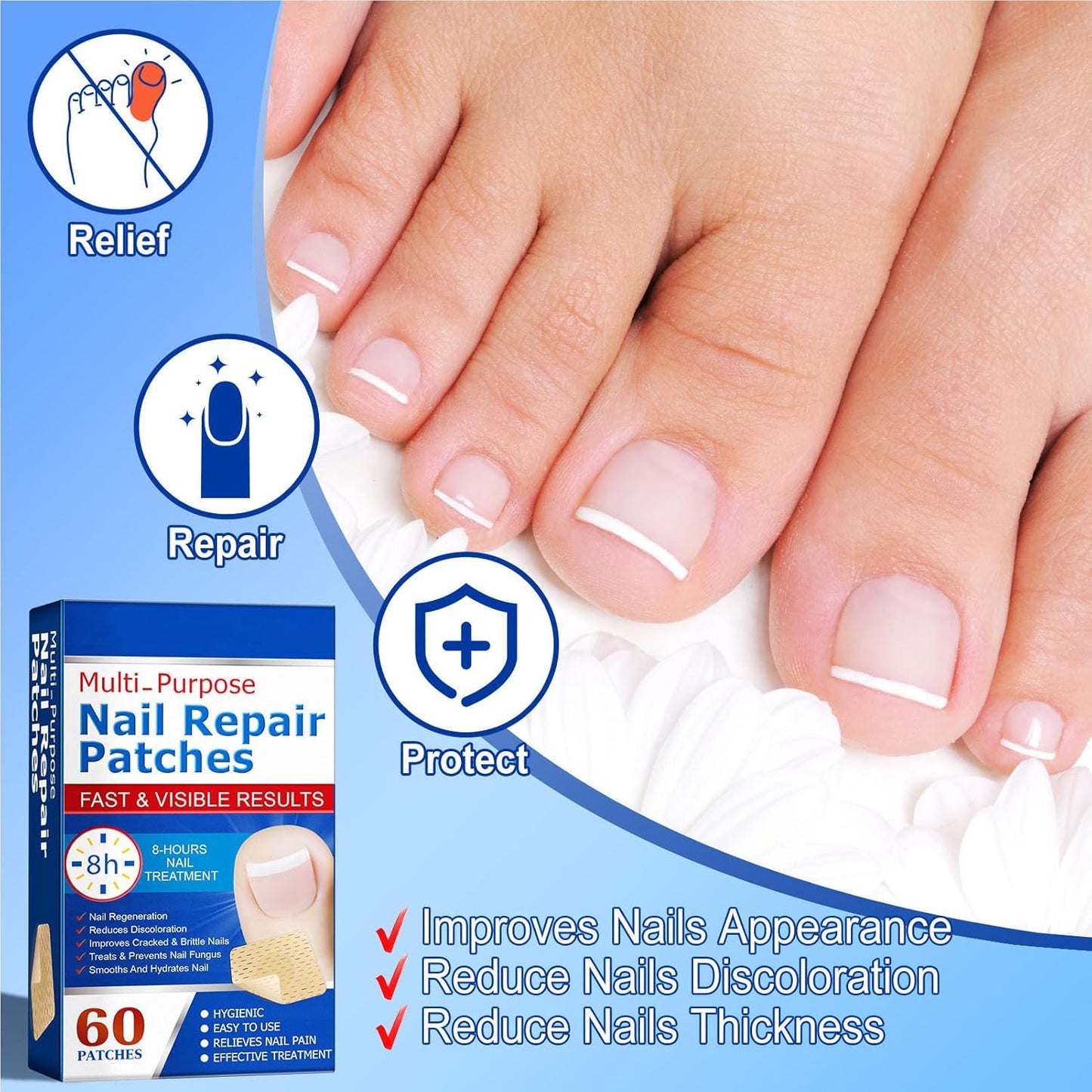 Nail Patches,Repair Patches,Care Pads,Made of Non-woven Fabric,Breathable, High Comfort,Cracked, Rough, Discolored, Brittle Nails,Restore Natural Radiance, Gentle Care,60 Tablets