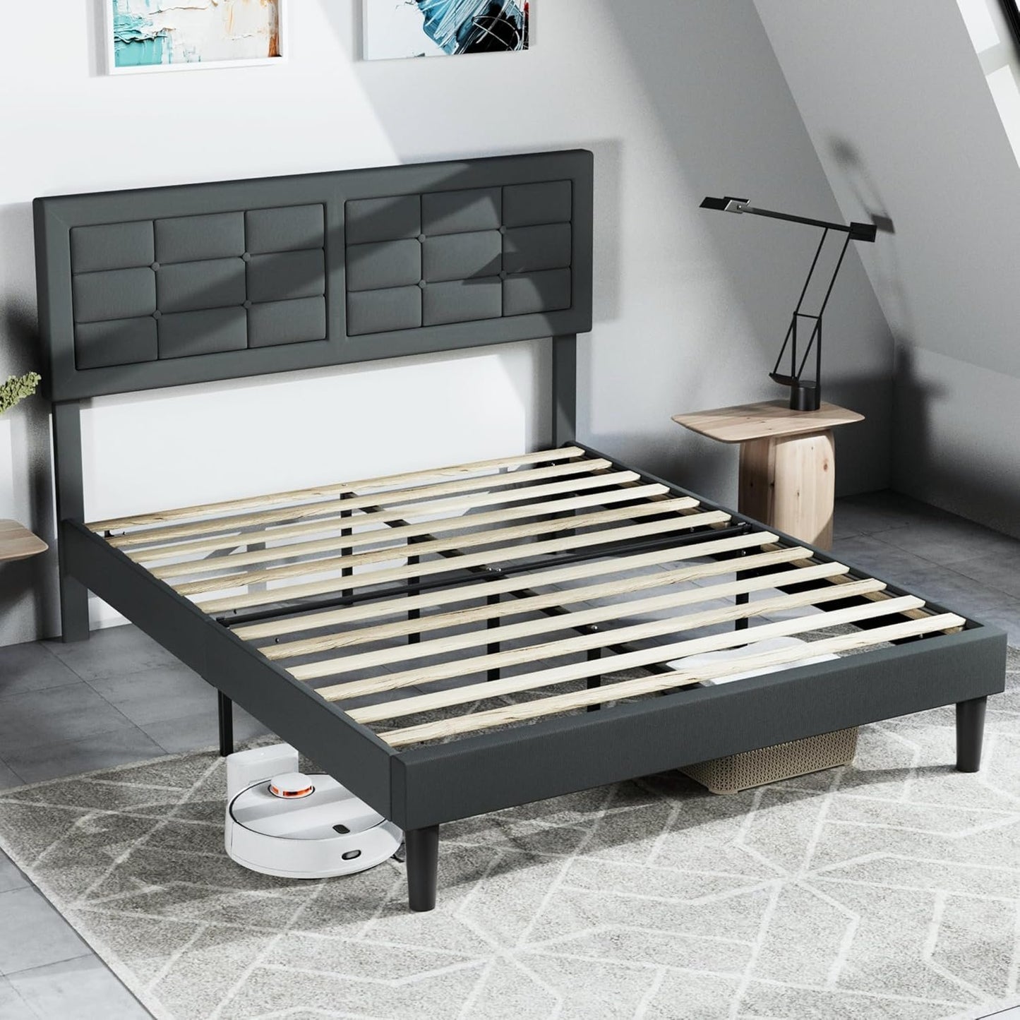 VECELO Queen Size Upholstered Bed Frame with Height Adjustable Fabric Headboard, Heavy-Duty Platform Bedframe/Mattress Foundation/Strong Wood Slat Support/No Box Spring Needed, Grey