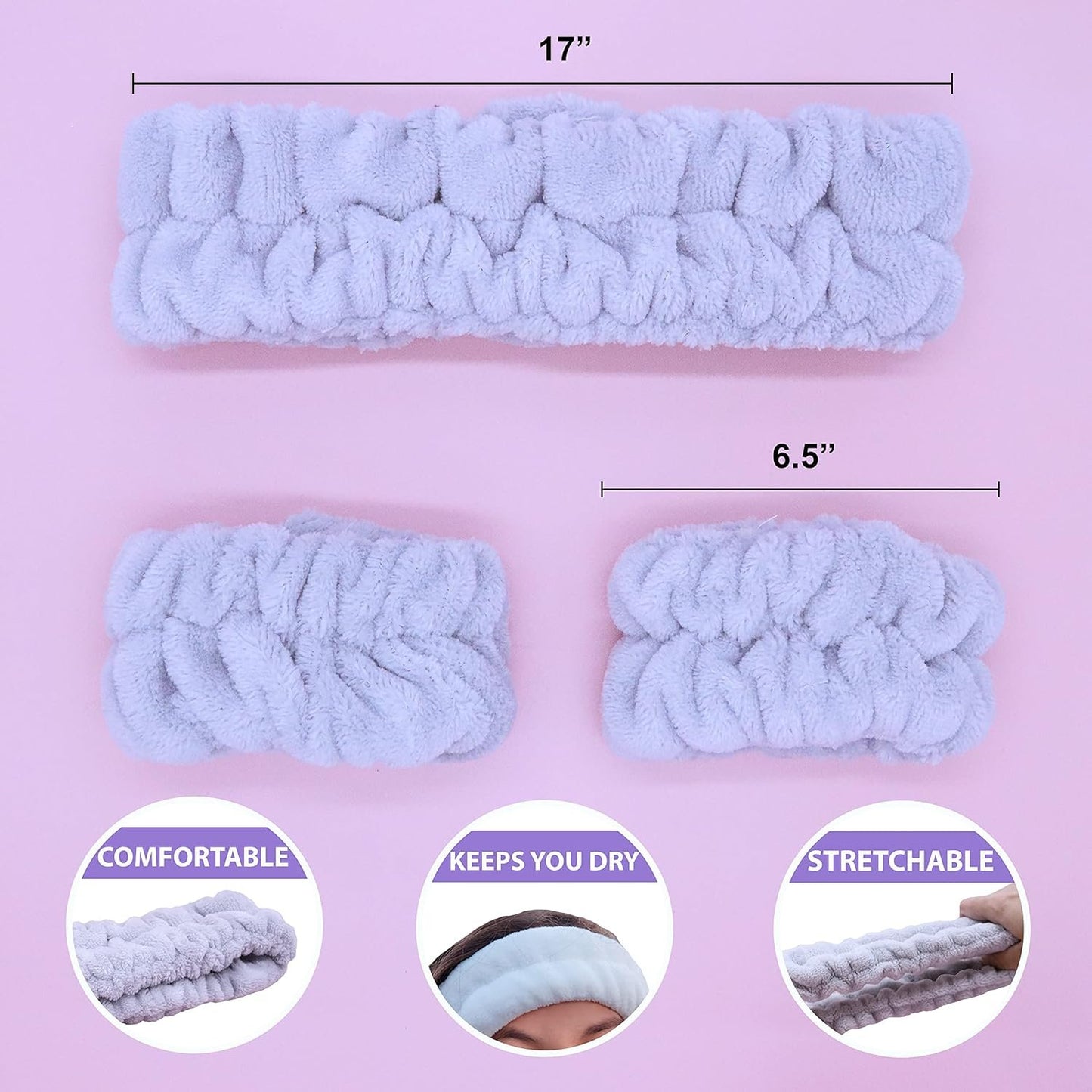 FROG SAC Puffy Spa Headband and Wristbands for Face Washing, Fuzzy Skincare Headbands for Women, Soft Makeup Skin Care Hair Accessories for Girls, Bubble Make Up Sleepover Party Supplies (Gray)