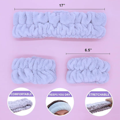 FROG SAC Puffy Spa Headband and Wristbands for Face Washing, Fuzzy Skincare Headbands for Women, Soft Makeup Skin Care Hair Accessories for Girls, Bubble Make Up Sleepover Party Supplies (Gray)