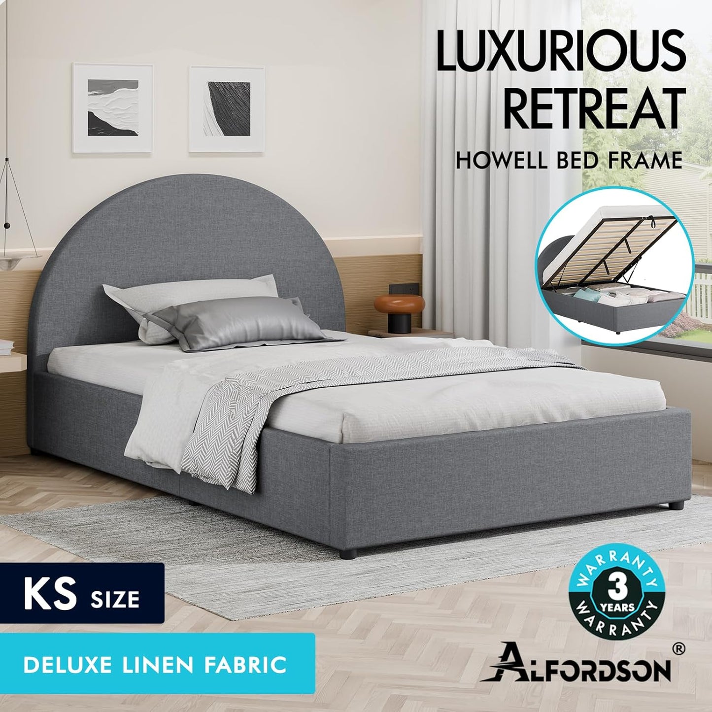 ALFORDSON Bed Frame, King Single Size Bed Frame with Padded Headboard, Grey Fabric Howell Gas Lift Bed Frame with Storage for Bedroom, Apartment, Living Room and Office
