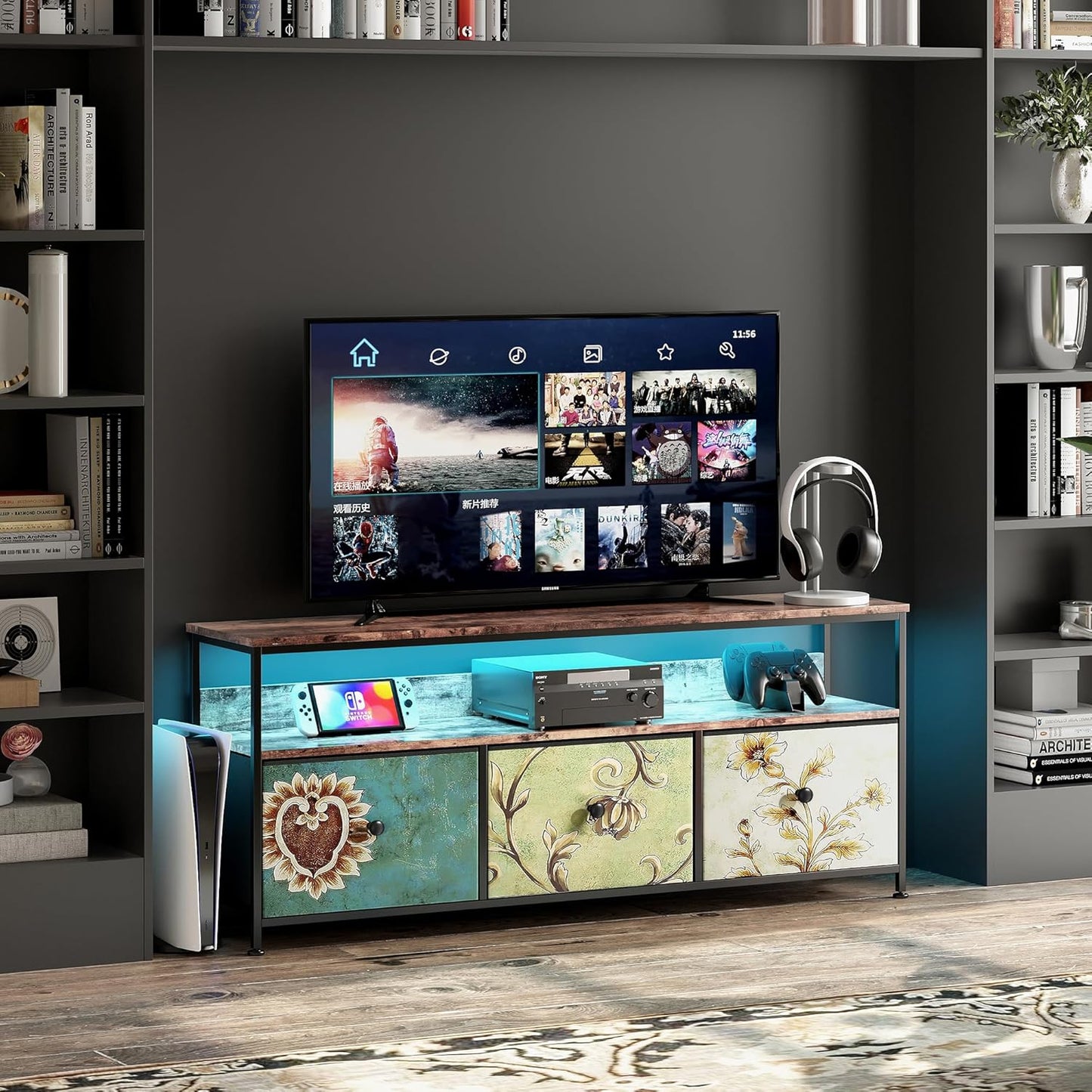 TV Cabinet 108 cm with LED Lights, 108 × 29.8 × 57 cm, Industrial TV Cabinet with 3 Drawers, Living Room TV Cabinet with LED for Bedroom, Dining Room, Living Room