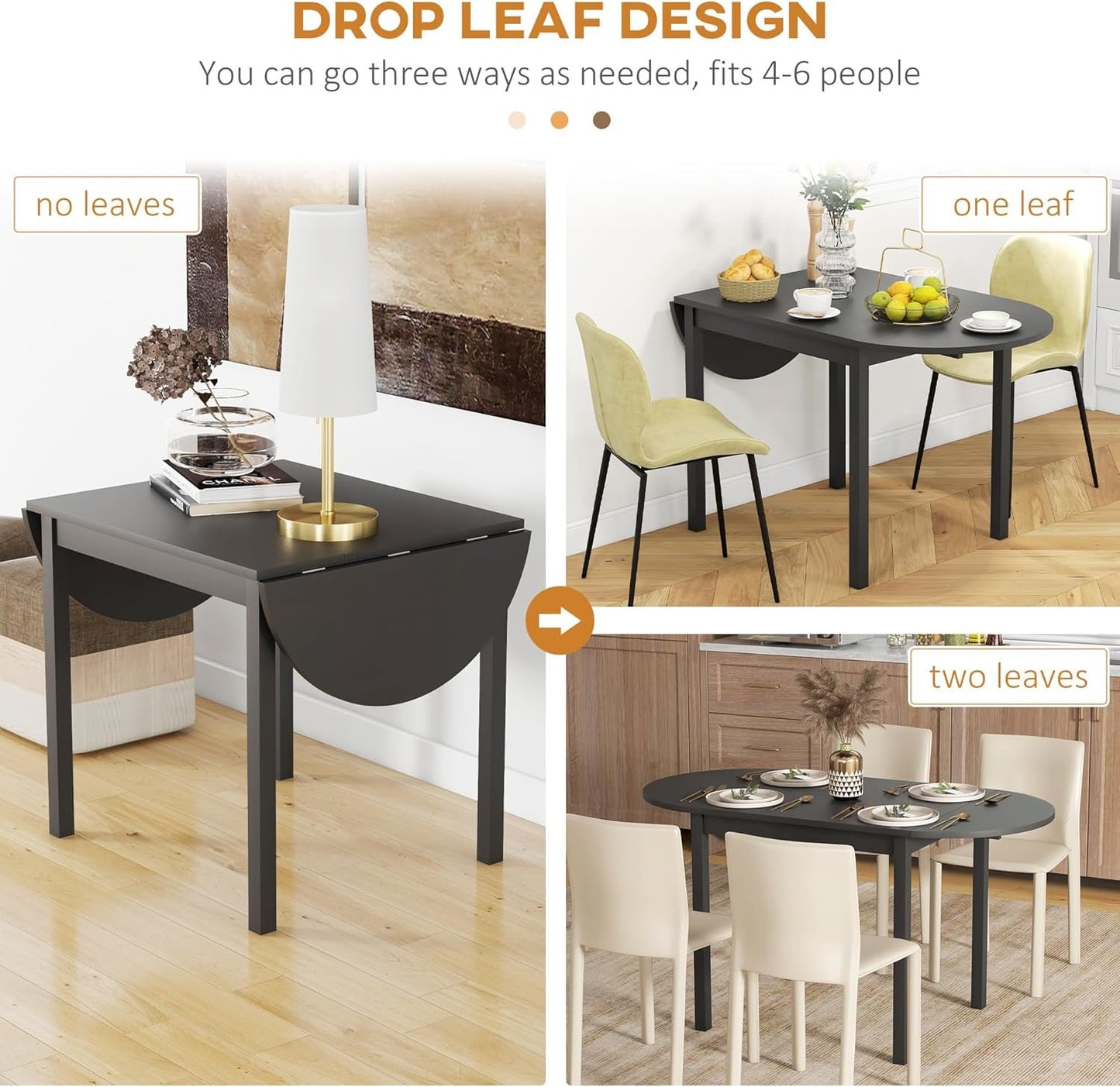 HOMCOM Solid Wood Kitchen Table, Drop Leaf Tables for Small Spaces, Folding Dining Table, Black