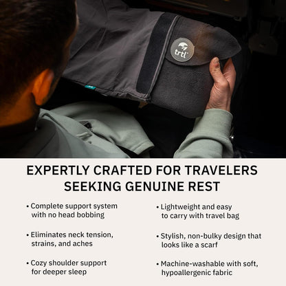 trtl Travel and Airplane Pillow - Real Sleeping Experience on Long Flights - Neck and Shoulder Support - Super-Soft, Lightweight, Easy-to-Carry - Machine-Washable Flight Pillow - Black