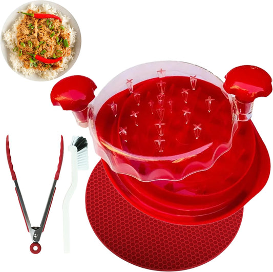Rosecin Pro Chicken Shredder Tool Twist with Anti Slip Mat Tong and Brush, Meat Shredder, Kitchen Tools & Gadgets, Suitable for Pork Beef Chicken, Ergonomic Handle, BPA Free, Dishwasher Safe (Red)