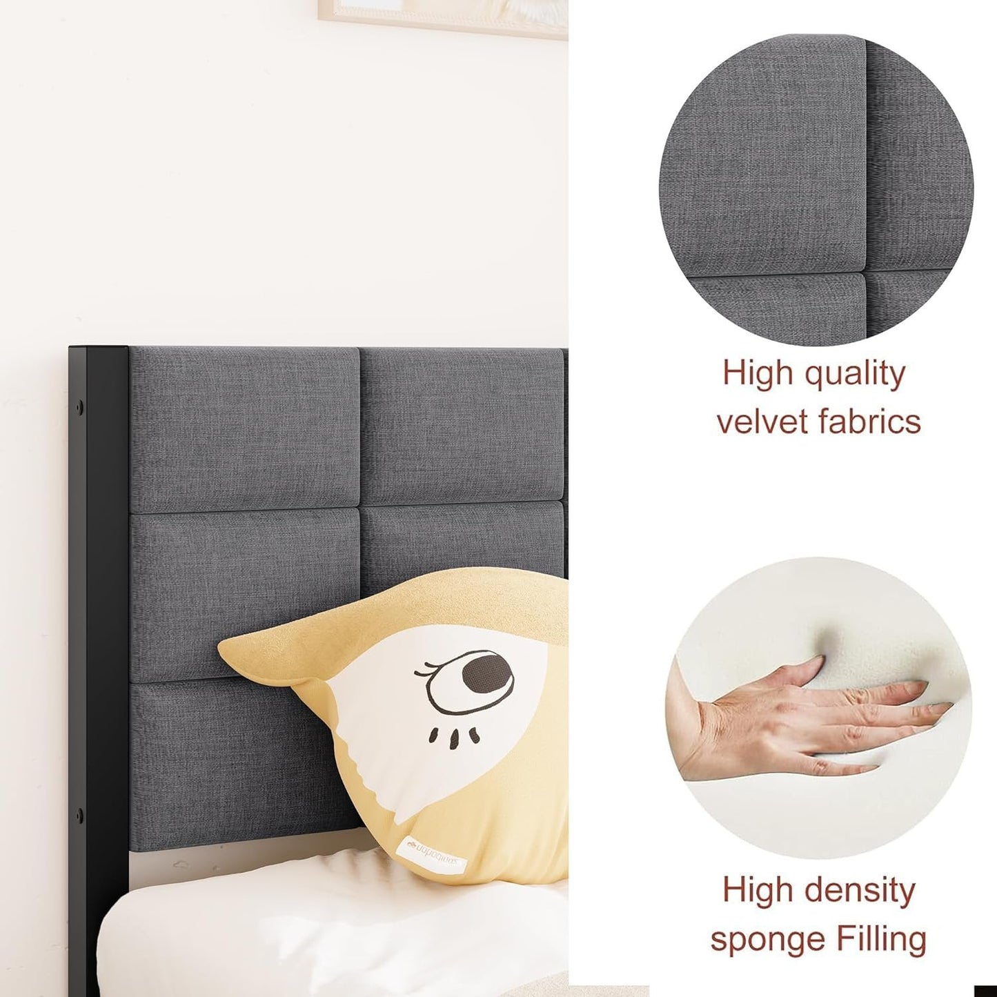 JUISSANO Twin Bed Frame with Upholstered Headboard,Single Bed Frame Twin Size Mattress Base,Metal Platform Bed Frame,Heavy Duty Metal Slats/No Box Spring Needed/Under Bed Storage,No Noise,Grey Linen