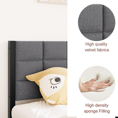 JUISSANO Twin Bed Frame with Upholstered Headboard,Single Bed Frame Twin Size Mattress Base,Metal Platform Bed Frame,Heavy Duty Metal Slats/No Box Spring Needed/Under Bed Storage,No Noise,Grey Linen