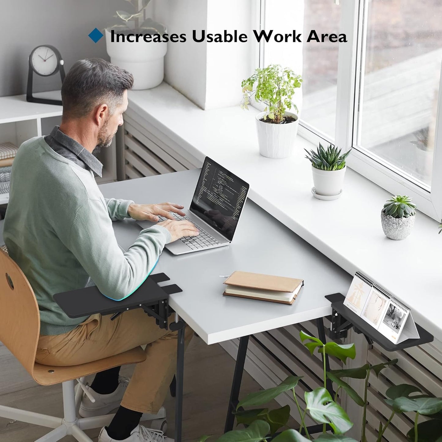 BONTEC Ergonomics Desk Extender Tray, 300x150mm Table Mount Arm Wrist Rest Shelf, 90° Foldable Elbow Arm Support, Clamp on Computer Arm Rest for Desk, Suitable for Office Home Use
