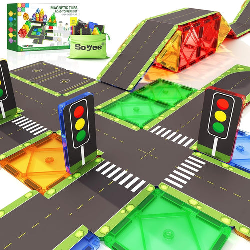 56PCS Magnetic Tiles Road Toppers Set Building Toys for 3 Year Old Boys and Girls Playing with Car Toys Preschool Learning Activities Gift for 3 4 5 6 Year Old Toddlers Kids