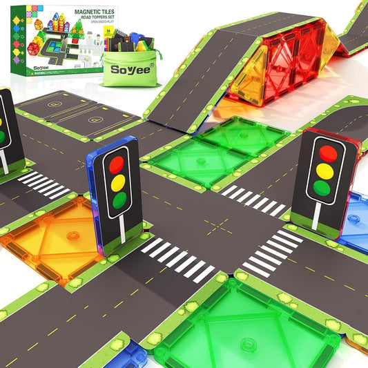 56PCS Magnetic Tiles Road Toppers Set Building Toys for 3 Year Old Boys and Girls Playing with Car Toys Preschool Learning Activities Gift for 3 4 5 6 Year Old Toddlers Kids