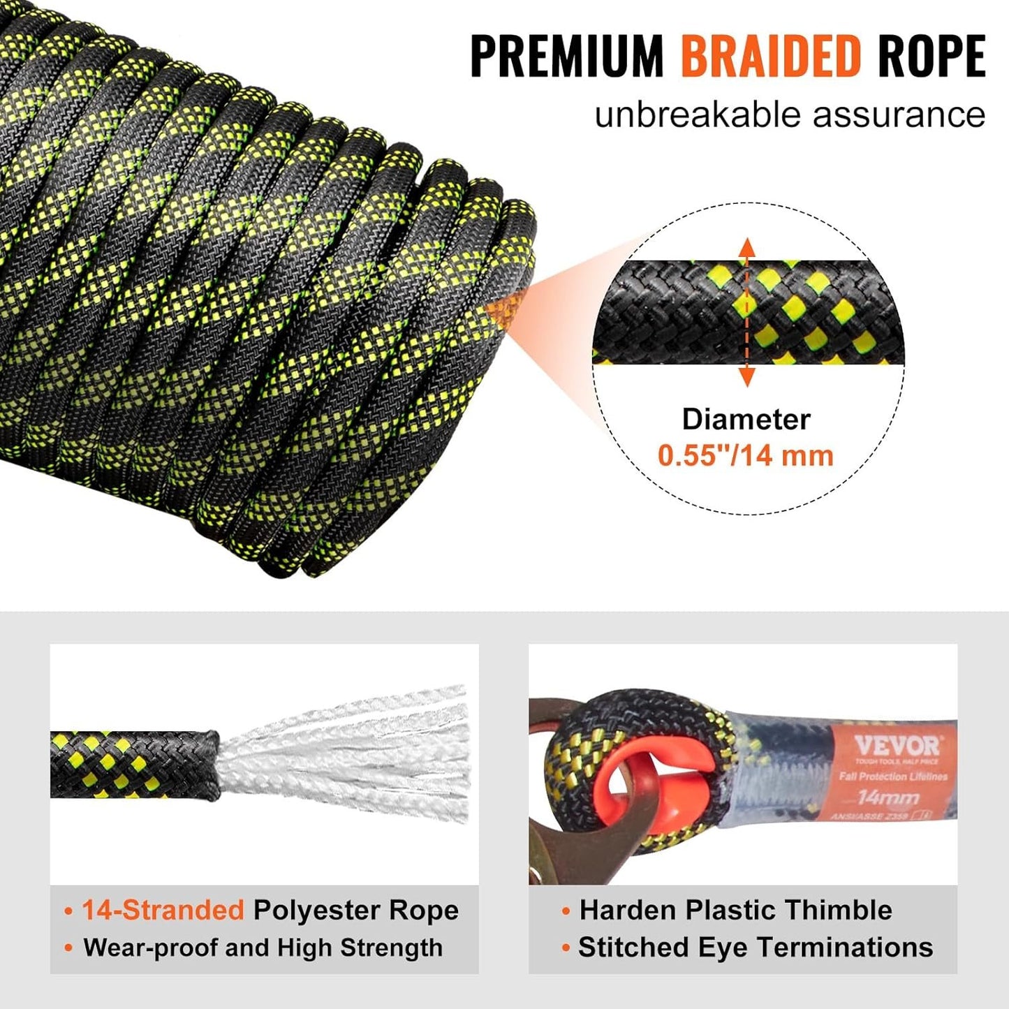 VEVOR Climbing Rope, Fall Protection Safety Rope, Vertical Tree Stand safety Rope Line Kit Safety Harness for Roofing Work with Alloy Steel Rope Grab, Two Snap Hooks, Shock Absorber
