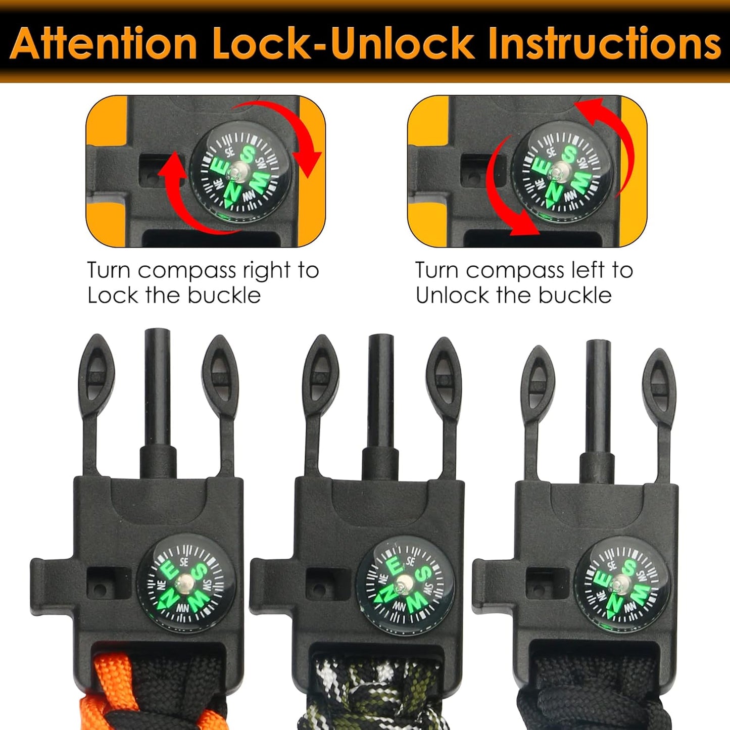 ruifengsheng Paracord Bracelet (3 Pack) Kit Outdoor Survival Bracelet Camping Hiking Gear，Multitools, Fire Starter, Compass, and Whistle