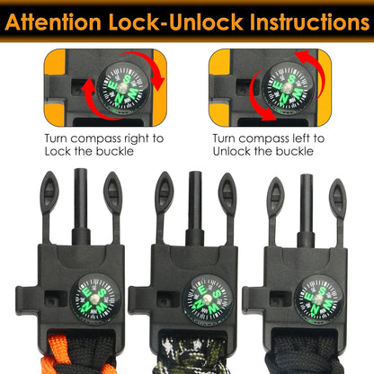 ruifengsheng Paracord Bracelet (3 Pack) Kit Outdoor Survival Bracelet Camping Hiking Gear，Multitools, Fire Starter, Compass, and Whistle