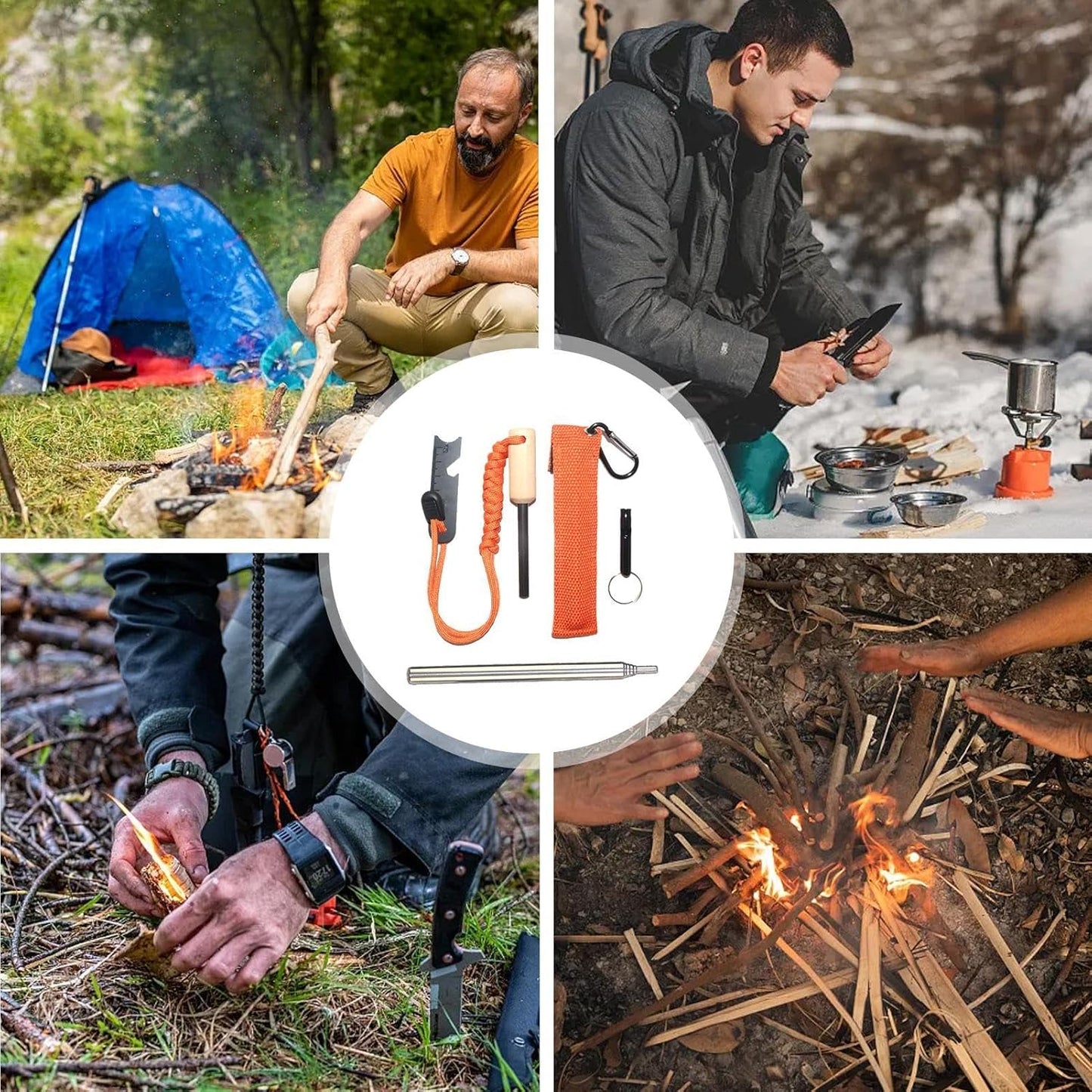 Fire Starter Survival Tool Kit | Survival Kits | Carabiner Clip, Portable Survival Whistle, Survival Tools for Camping, Outdoor, Backpack