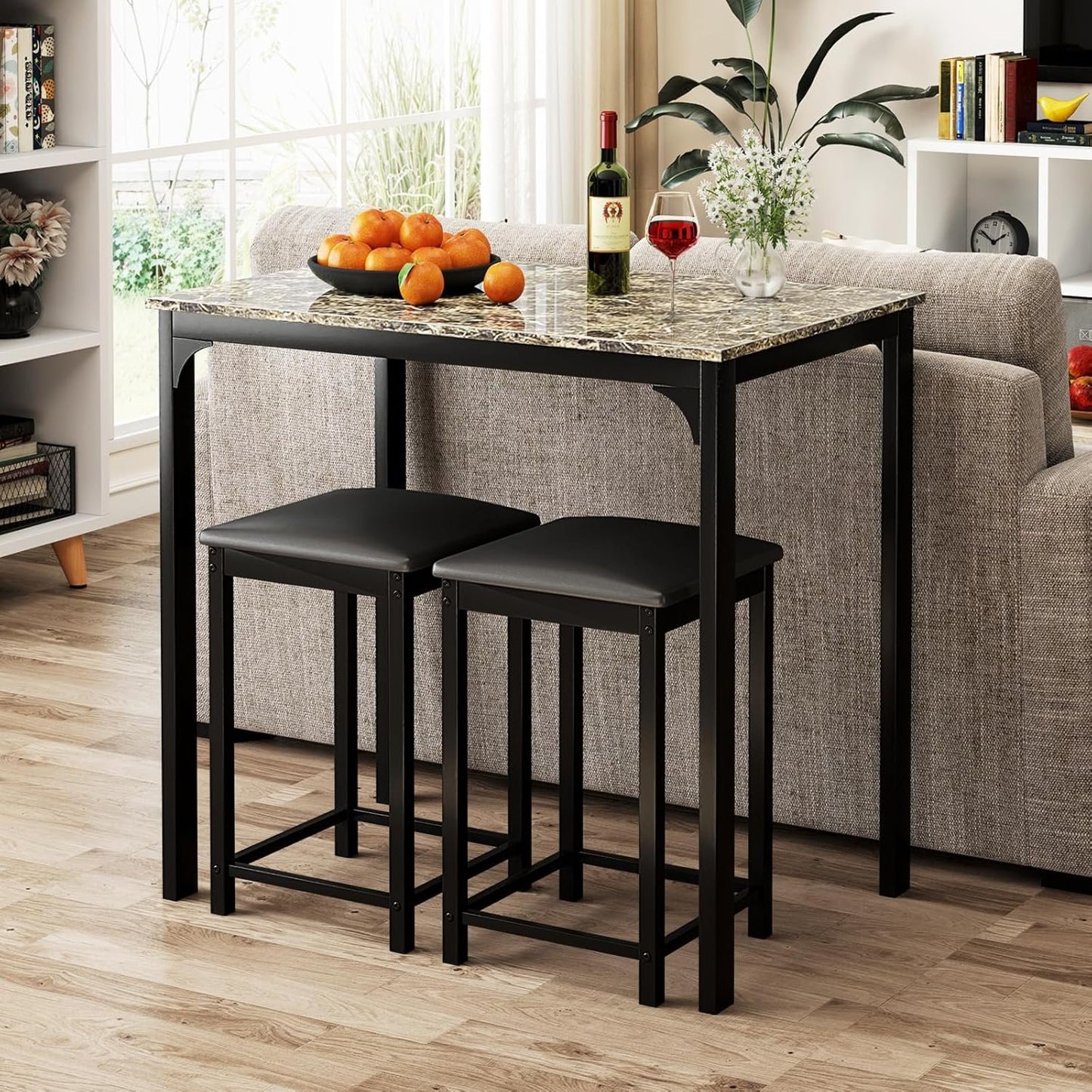 COSTWAY Small Dining Table for 2, Space Saving Dinette Set w/Counter Height Table & 2 Upholstered Bar Stools, Breakfast Nook Table Set, 3-Piece Kitchen Table Chairs Set for 2 for Dorm (Mixed Black)