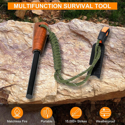 Fire Starter Survival Tool - Handmade Wooden Handle 3/8"" Thick Ferro Rod with Striker and Umbrella Rope Waterproof Iron Rod Flint and Steel Fire Starter Kit