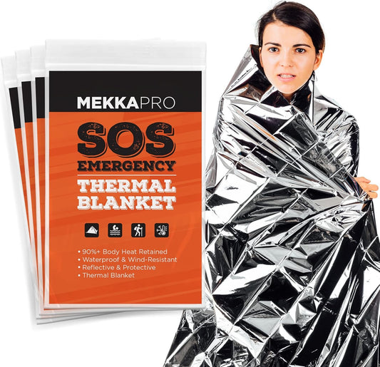 MEKKAPRO SOS Camping Emergency Mylar Blankets (4-Pack), Pocket Sized for Emergencies, Camping, Outdoors, Hiking, Survival, First Aid (Silver)