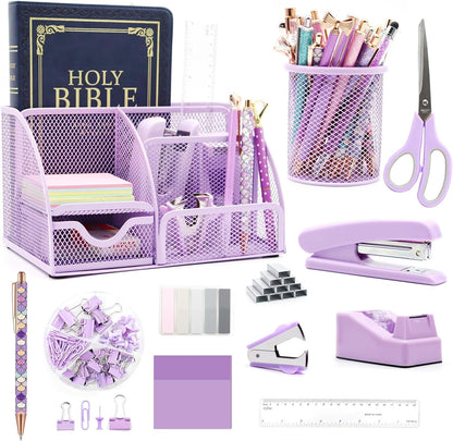 12 in 1 Purple Desk Organizers and Accessories Set, Gifts for Coworkers, Office Supplies, Stapler, Pen Holder, Tape Holder, Staples, Scissors