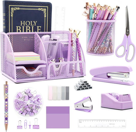 12 in 1 Purple Desk Organizers and Accessories Set, Gifts for Coworkers, Office Supplies, Stapler, Pen Holder, Tape Holder, Staples, Scissors