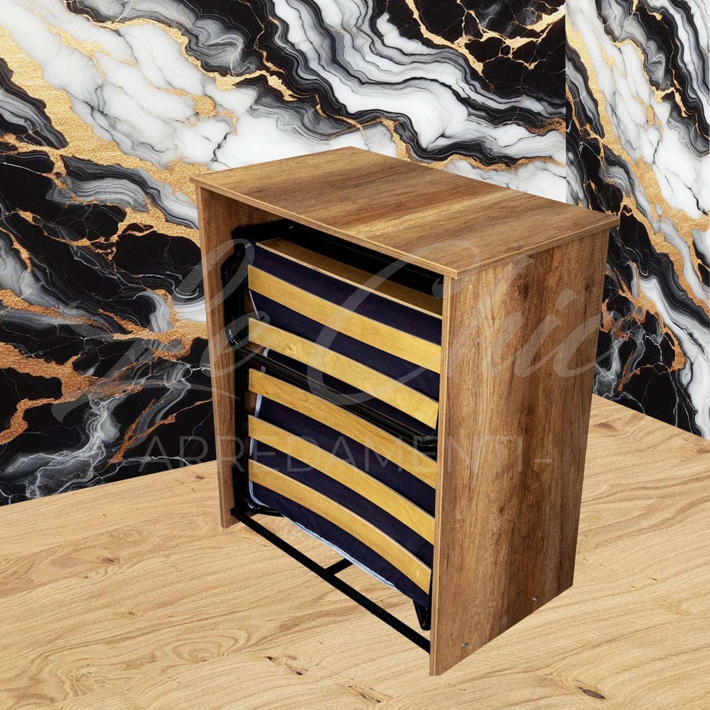 LE CHIC ARREDAMENTI Concealed Single Bed Cabinet, High Density Mattress H 10 cm, Includes Orthopaedic Slatted Base, Roll-In Structure with Wheels, Tobacco Oak Finish