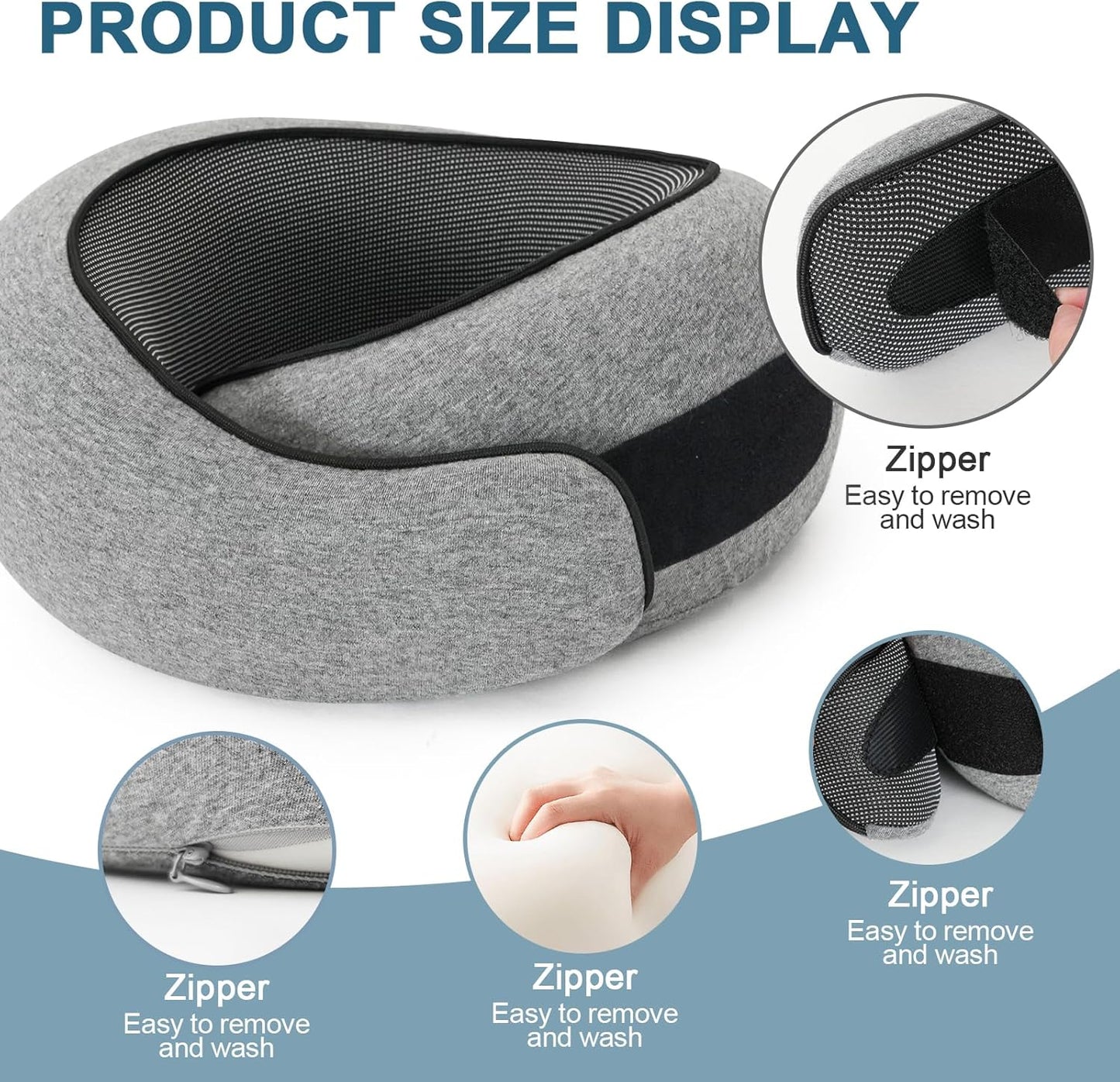 Travel Neck Pillow, Memory Foam Travel Neck Pillow for Airplanes, 360° Support Stowable Pillows for Sleeping, Airplane Travel Kit with 3D Contoured Eye Masks, Earplugs, and Storage Bag (Grey)