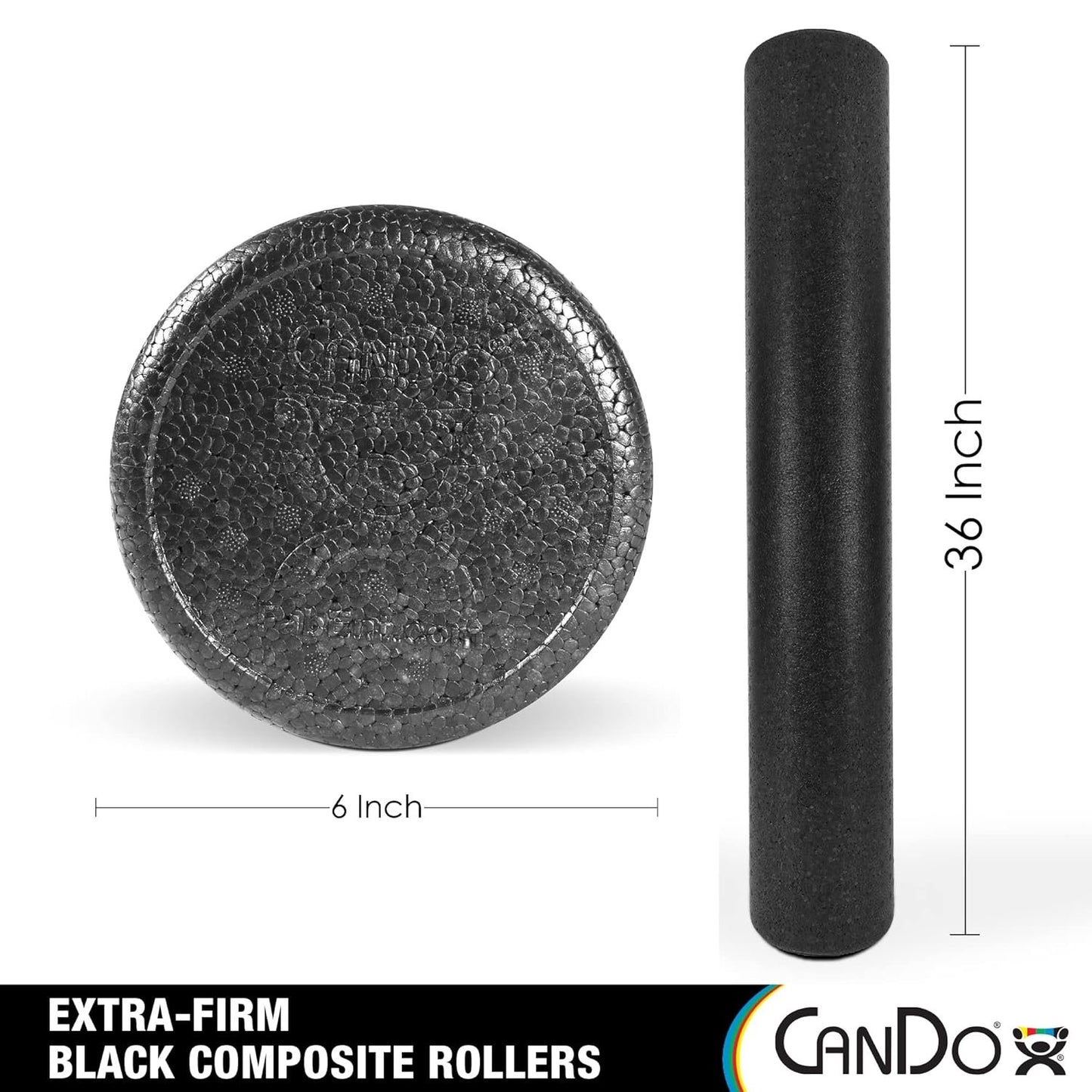 CanDo Black Composite High-Density Foam Rollers for Muscle Restoration Massage Therapy Sport Recovery and Physical Therapy 6" x 36" Round