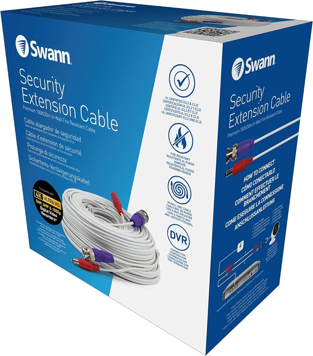 Swann BNC Coaxial Cable for Security Camera CCTV System, Audio Video Extension Power Cables, UL Certified and Fire Resistant, 100ft (100 Ft / 30 M) (SWPRO-30ULCBL)