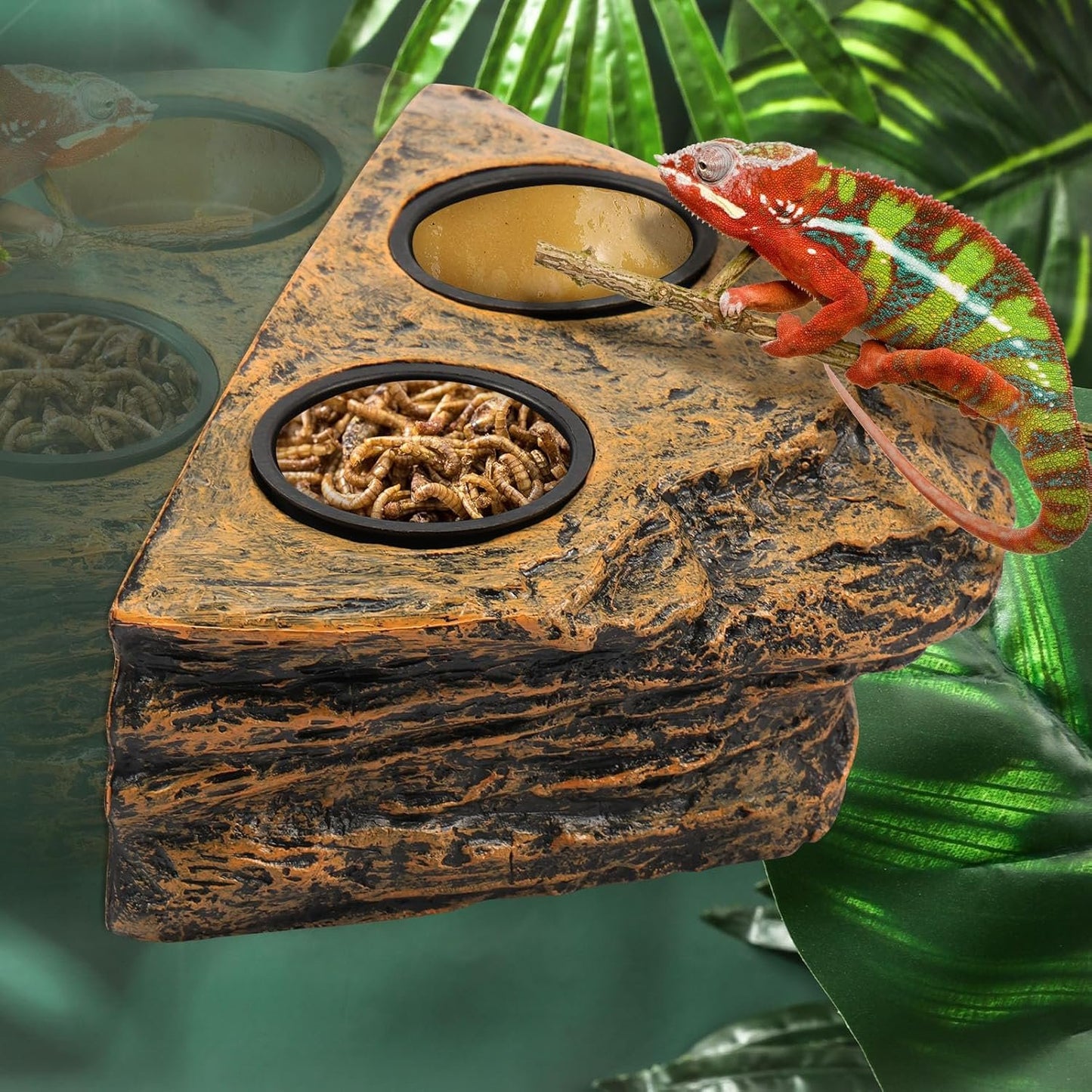 Reptile Magnetic Feeder Ledge, Reptile Food Water Dish with 2Pcs Bowls, Double Bowl Gecko Feeder Ledge, Reptile Feeding Bowl, Lizard Feeding Ledge for Lizard Crested Gecko