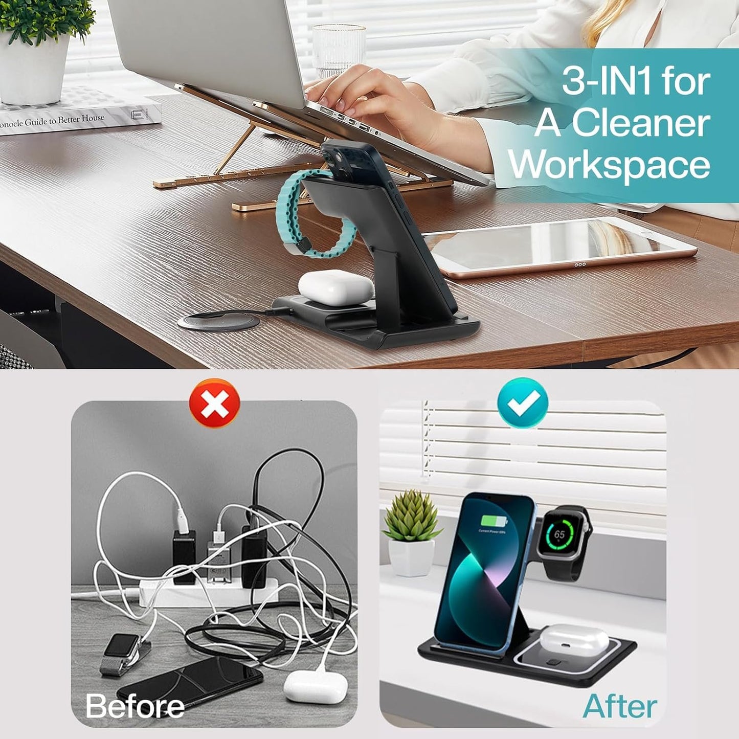 Airelax 3-in-1 Wireless Charger Apple Watch Charger, Foldable Wireless Charging Station, Fast Mobile Phone Chargers, Compatible Wireless Phone Charger for iPhone 12-16, Airpods Pro/4/3/2, Apple Watch