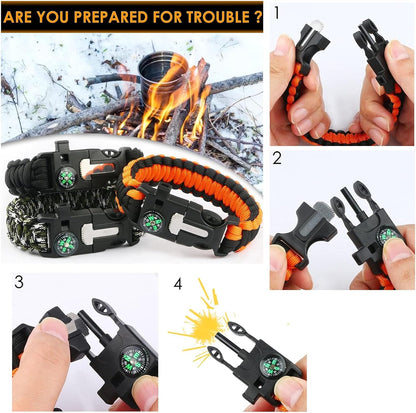 6 Pack Paracord Survival Bracelet, multitools, fire starter, compass, and whistle. Perfect for hiking, camping, fishing and hunting gear emergency kit.(Orange and black, black, army green, 2 pieces each)