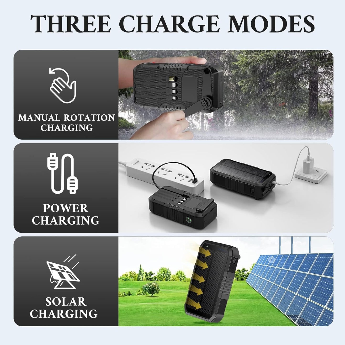FCJZX Solar Charger Power Bank 66800mAh Built in Hand Crank and 4 Cables 22.5W Fast Charging PowerBank 6 Outputs & 4 Inputs SOS/Strobe/Strong Camping Flashlights, Compass Solar Portable Charger