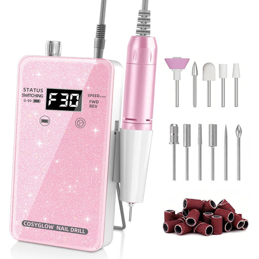 Professional Electric Nail Drill File:COSYGLOW Glitter Portable Cordless E-File Nail Drill Kit with 11 Drill Bits,30000 RPM Rechargeable Nail Drills Machine for Acrylic Nails Gel Polishing(Pink)
