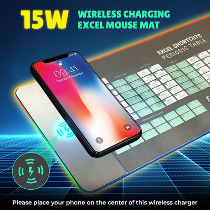 Excel Shortcuts Mouse Pad with Wireless Charging & RGB Lights â€“ Large Non-Slip Mouse Mat with Excel Keyboard Shortcuts, 15 W Wireless Charger & Colourful LED Lighting for Office & Home