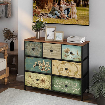 VEDECASA Bohemia 7 Drawer Dresser with Wooden Panel, Fabric Drawers, Metal Frame, Tower Dresser Organizer for Living Room, Bedroom, Hallway, VE0048