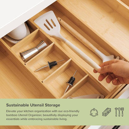 KitchenEdge Adjustable Bamboo Kitchen Drawer Organizer for Utensils and Junk, Expandable to 28 inches Wide, 9 Compartments