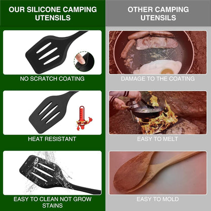 Wesqunie Camping Cooking Cookware Kitchen Set - Camp Accessories Cook Utensils Kit, Camping Essentials BBQ Silicone Mess Kit for Backpacking Gear, Camping Must Haves Equipment