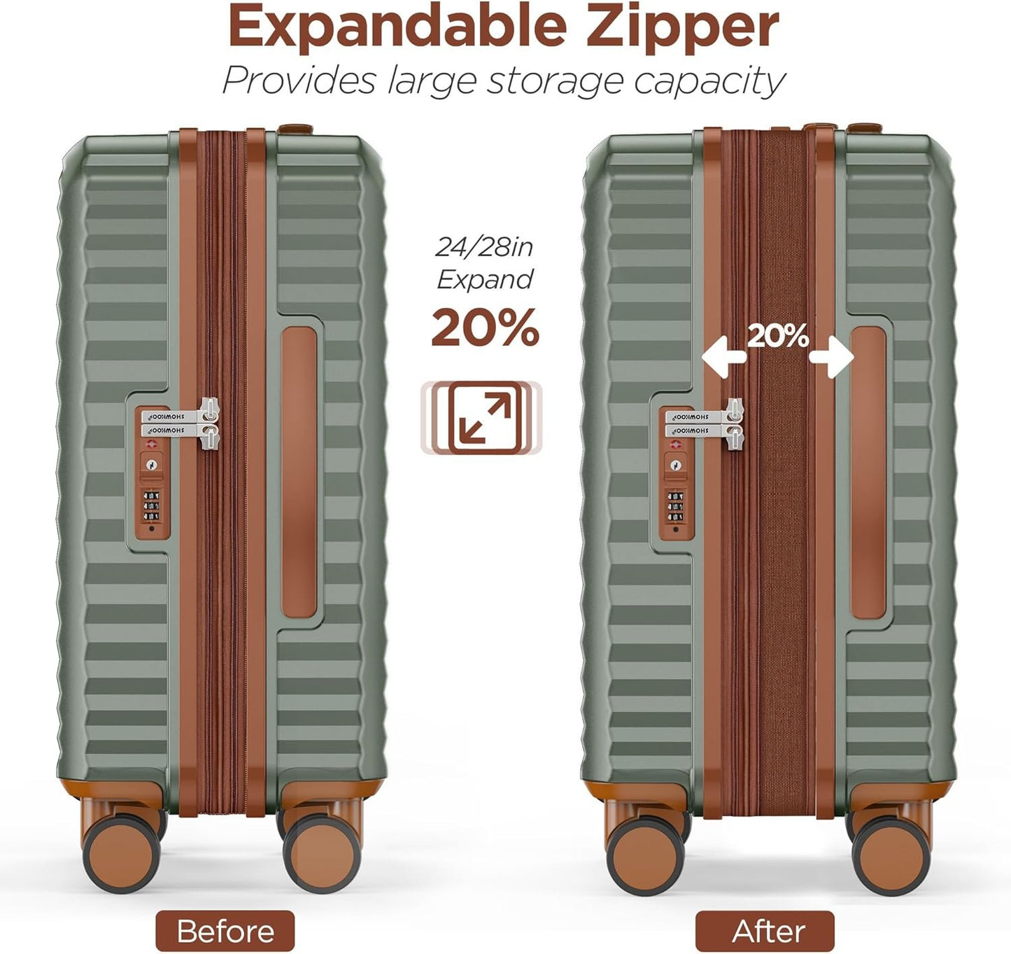 SHOWKOO Luggage Sets 3 Piece Hardside Expandable Suitcase with Double Spinner Wheels TSA Lock (Green, 5 Piece Set)