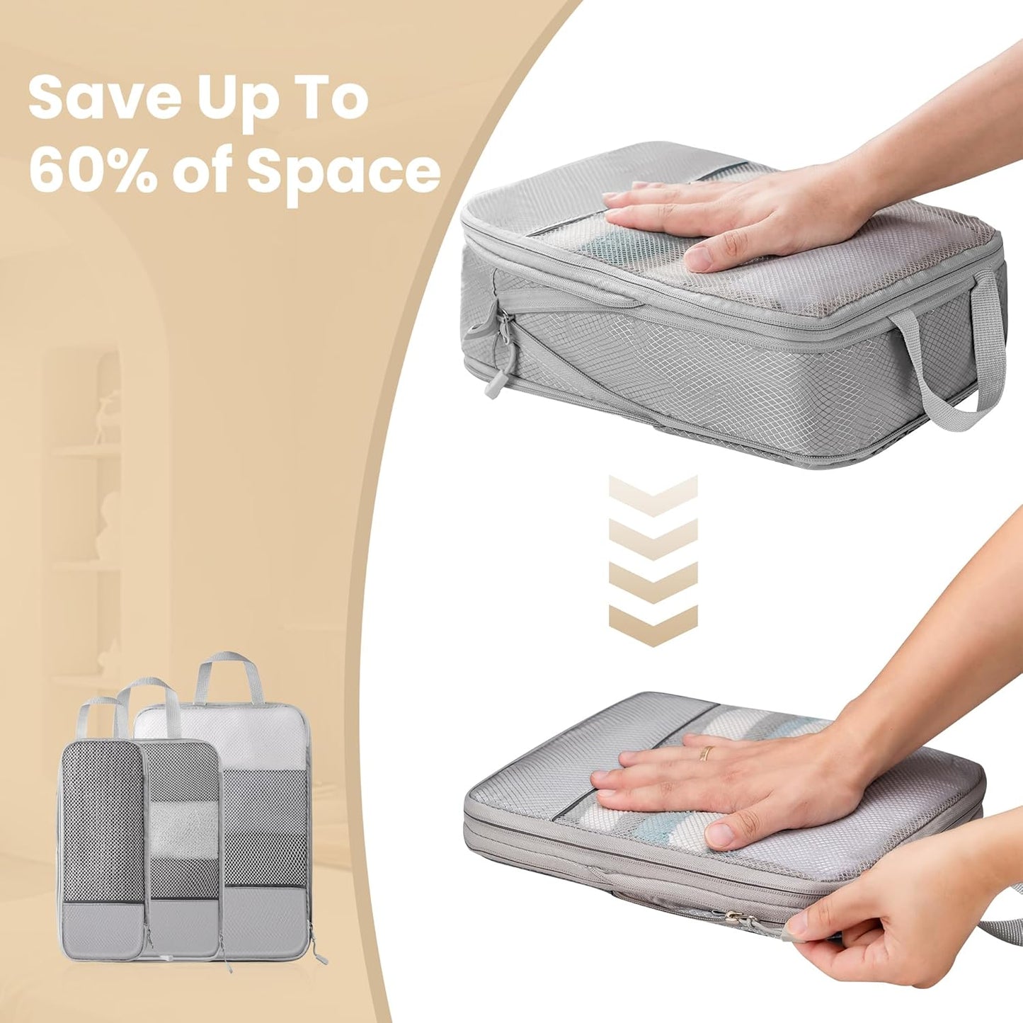 6 Set Compression Packing Cubes Travel Accessories Expandable Packing Organizers, Lightweight Suitcase Organizer Packing Cells Bags Set Travel Essentials, Travel Bags Carry-on Luggage Suitcase Grey